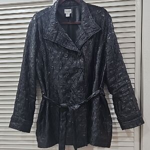 Chico's Black Quilted Double-Breasted Belted Trench Coat